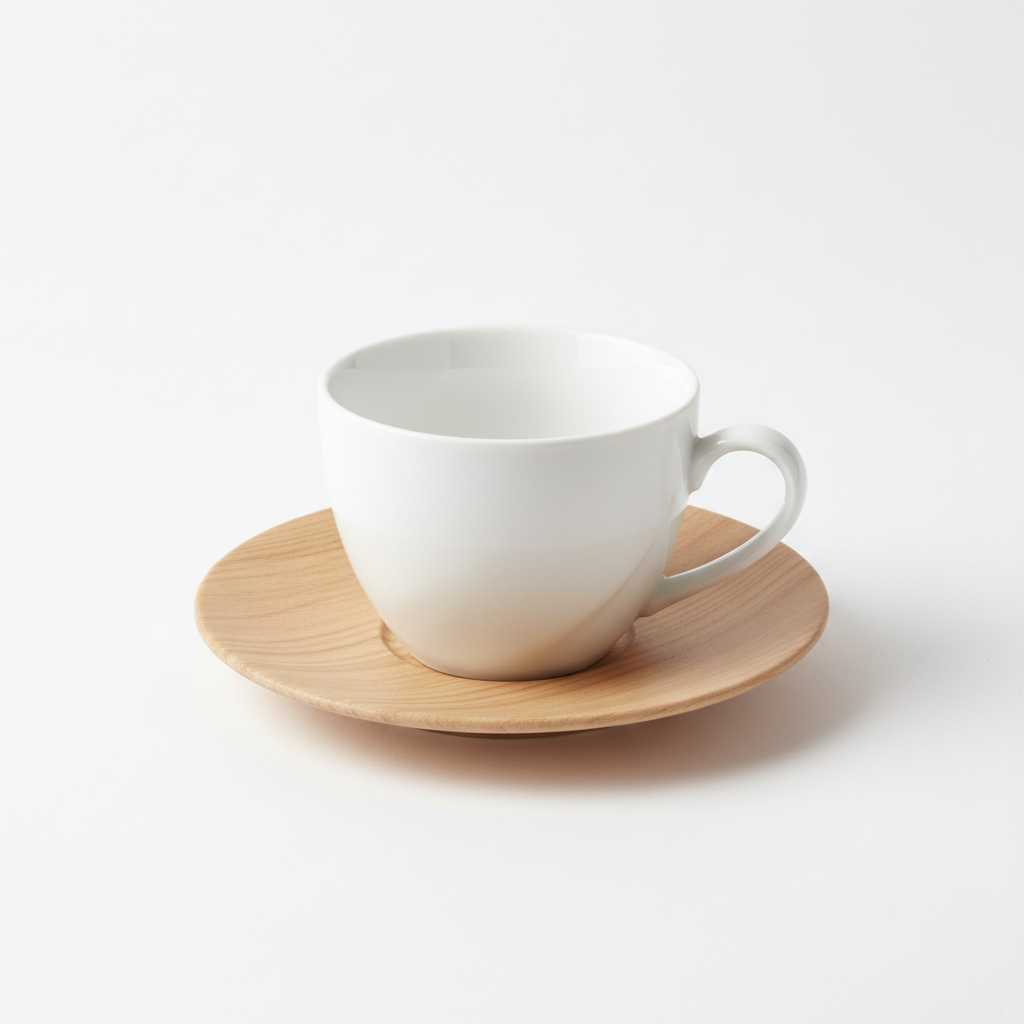 White porcelain coffee cup with wood-tone saucer